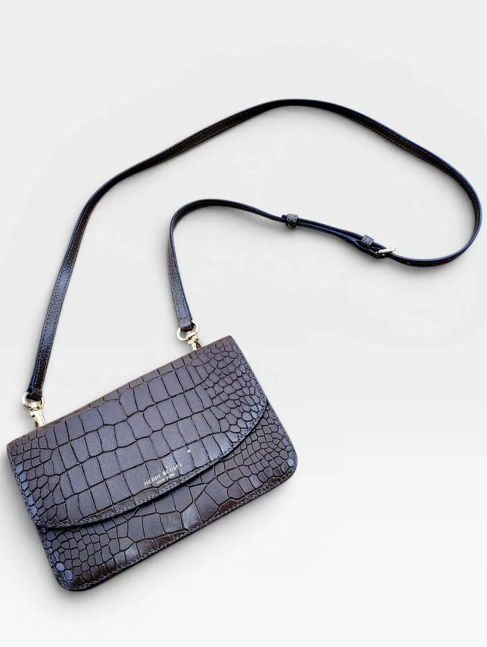 HENRI BENDEL New York Moc Croc Embossed Slim Chocolate Brown Crossbody Handbag